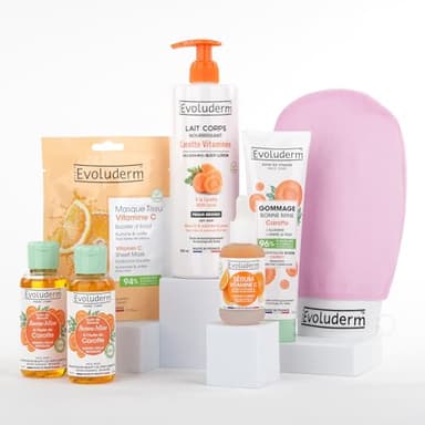 EVOLUDERM – Routine Éclat 6 Visage & Corps – 1 Lait + 2 Huiles + 1 Sérum Vitamine C + 1 Gommage carotte + 1 Masque tissu Vitamine C + Gant Exfoliant Offert – idée Cadeau - Fabrication Française