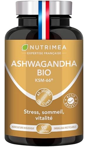 ASHWAGANDHA - Extrait BIO Breveté KSM-66® - Standardisé à 5% en Withanolides - Bien-Être Physique & Mental, Tonus & Concentration - 600 mg - 90 Gélules Vegan - Nutrimea - Fabriqué en France