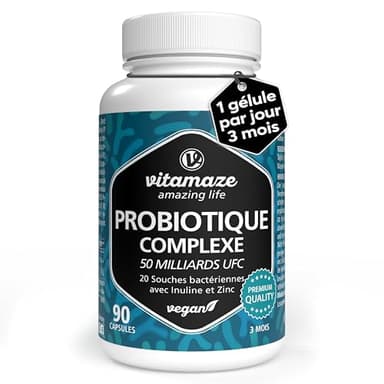 Probiotique Flore Intestinale - 50 milliards UFC, 20 Souches avec Zinc et Inuline (3 Mois) - 1 Capsule par Jour Végane et Gastro-résistante pour Digestion et Immunité - Qualité Européenne Vitamaze®