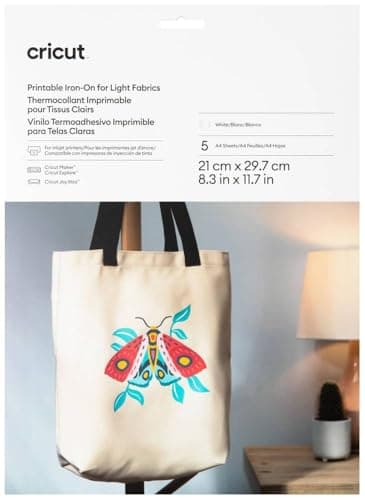 Cricut Papier Transfert Thermocollant Imprimable – 5 Feuilles – Format A4 – Imprimantes Jet d’Encre – Résistant à l’eau – Pour T-Shirts et Textiles Clairs – Compatible avec Cricut