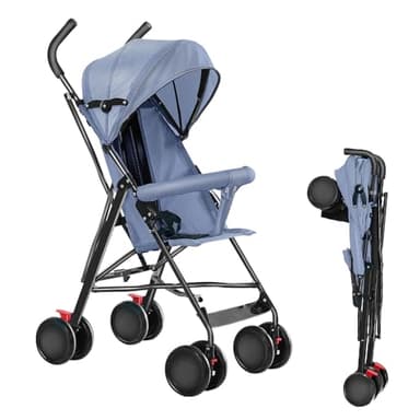 OHMG Poussette Compacte Canne Bébé 0-6 Ans, EVA, Landau 4 Roues, Assis, Parasol, Moustiquaire Coton, Roues Verrouillables (Bleu)