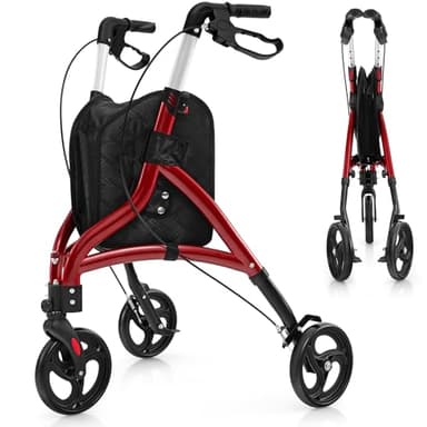 RELAX4LIFE Déambulateur 3 Roues Pliable Léger, Rollator 3 Roues Tout Terrain, Déambulateur Extérieur/Intérieur en Aluminium 5 KG, Portable, Poignée 86-96 CM, Panier, pour Adulte (Rouge)