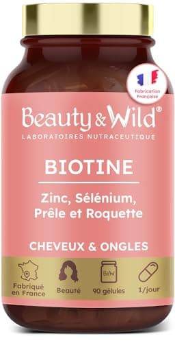 BIOTINE pousse CHEVEUX | Complément alimentaire Cheveux, Peau, Ongles | Pousse Croissance cheveux | Vitamine B8, Prêle, Roquette, Zinc, Sélénium | VÉGAN | 1 gélule/jour | Made in France | Beauty&Wild
