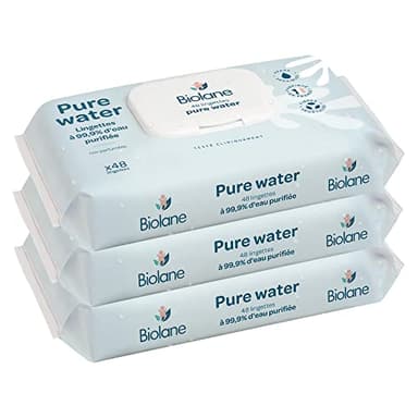 BIOLANE - Lingettes bébé nettoyantes Pure Water - Lot de 3x48 (144 Lingettes) - A l'eau Purifiée - Nettoie et protège - Corps et siège - Peaux Sensibles - Dès la naissance - Fabriqué en France