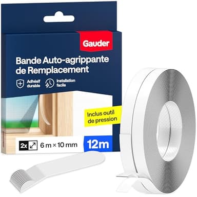 GAUDER Bande Auto-Adhésive à Scratch pour Moustiquaires en Polyester (12 m) | Fixation Forte pour Moustiquaire Fenêtre | Ruban Adhésif Transparent pour Filet Anti-Insectes