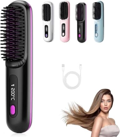Brosse chauffante pour cheveux courts, brosse à lisser 3 niveaux de chauffage et écran LED et rechargeable via USB, légère et portable, pour coiffer les cheveux en voyage et à la maison (noir)