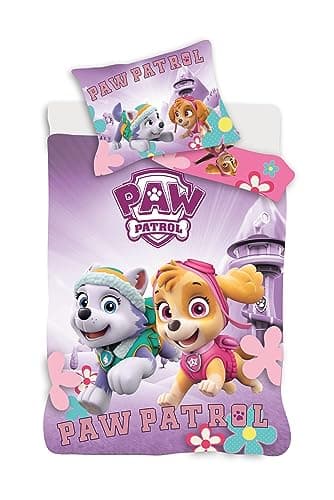 Paw Patrol Parure de Lit Pat' Patrouille pour Lit Bébé, 100% Coton, Housse de Couette 100x135 cm + Taie d'oreiller 40x60 cm, avec Stella et Everest