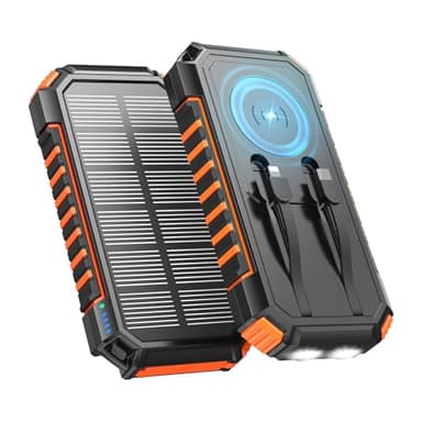 A ADDTOP Batterie Solaire 27000mAh – Chargeur Solaire PD/QC 3.0 22,5W, Banque d’Énergie pour 6 Appareils avec Charge sans Fil, 2 Câbles Intégrés et 2 Lampes LED pour Téléphone et Tablette Camping