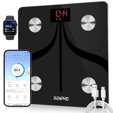 RENPHO Balance Pèse Personne Rechargeable USB, Balance Connecté Bluetooth Impedancemetre avec 13 Données Corporelles (BMI/Muscle/Eau/Graisse Corporelle), 11"x11”, 400bl/180kg, Noir