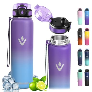 Vikaster Bouteille d'eau isotherme - Thermos 1000ml, Gourdes Sans BPA, 24h froid & 12h chaud, Gourde Enfant & Adulte pour Sport, école, Bureau, Gym, Voyage, A-violet-bleu
