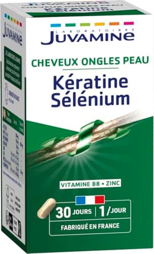 JUVAMINE - Kératine et Sélénium - Vitamine B8, Zinc et Prêle - Cheveux, Peau & Ongles - 30 Gélules d'origine végétale - Programme de 1 Mois - Fabriqué en France