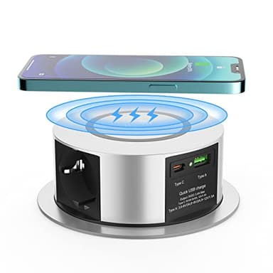Prise escamotable 3 prises USB C avec chargeur sans fil 10 W, Ohuo 2 prises USB encastrables pour plan de travail, multiprise avec câble de 1,8 m, D 120 mm, Argent et noir.