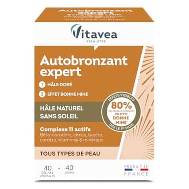 Vitavea bien-être - Autobronzant Expert - Hâle Doré et Effet Bonne Mine - Teint lumineux Sans Soleil - Complément Alimentaire avec Bêta-Carotène, Zinc, Vitamines C, E, B5, D - 40 Gélules - 40 Jours