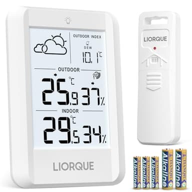 LIORQUE Station Meteo Interieur Exterieur Sans Fil, Thermometre Hygrometre avec Capteur(IPX4), Prévisions météorologiques, LCD, Rétro-éclairage, Portée de Transmission sans Fil de 100m, Piles Incluses