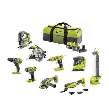 RYOBI - Pack 9 Outils 18V ONE+ : Perceuse, Visseuse à chocs, Meuleuse, Multi-Tools, Pistolet à Colle, Scie Circulaire, Scie Sauteuse, Lampe, Ponceuse + 2 Batteries et Chargeur - R18CK9B-252SLZ