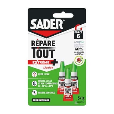 Sader Colle Multi-Usages Répare Tout Extrême + – Colle Forte Tous Matériaux – Super Glue Liquide – Intérieur/Extérieur – Sans odeur ni Solvant – Transparente – 3 Tubes de 1g