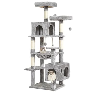 MSmask Grand arbre à chat stable en L avec 2 plateformes, 2 niches pour chats, hamac, colonnes en sisal, arbre d'escalade à plusieurs étages pour chats (gris clair, 160 cm)