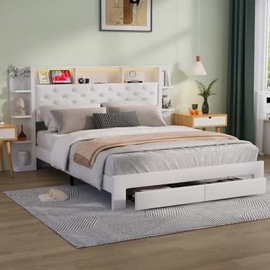 Dormely Lit 160x200 avec Sommier LED et USB, Tête de Lit avec Rangement, Lit Double pour Adultes et Adolescents, Blanc Tissu en Velours, sans Matelas