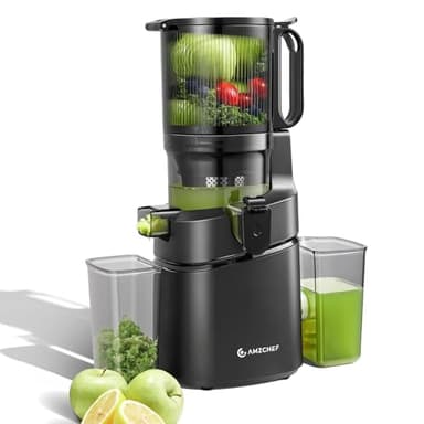 AMZCHEF Extracteur de jus automatique Vos mains libres, Ouverture de 145mm capacité de 1,8L Extracteur de jus de fruits et légumes entiers Extracteur jus lent de 250W avec triple filtre (Noir Profond)