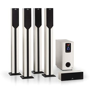 AUNA Areal Elegance - Home cinéma sans Fil 5.1, Sortie: 190 W RMS, subwoofer 5", 5 x Enceintes Satellites (3" +5 "), Bluetooth, Port USB/SD, Aspect Bois Clair