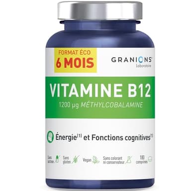 GRANIONS | Vitamine B12 Méthylcobalamine 6 MOIS - Vitamine B12 1200 µg - Anti Fatigue Puissant - Booster d'Energie - Haut dosage journalier - Soutient le Systeme Nerveux - Vegan - 180 Comprimés
