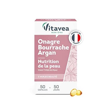 Vitavea - Complément Alimentaire Éclat, Souplesse et Nutrition de la Peau - Huiles d'Onagre, de Bourrache et d'Argan - tous types de peaux - 50 capsules - Cure 50 jours - Fabriqué en France