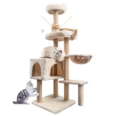 Arbre à Chat 145 cm, Tour de Jeux pour Chats, avec 7 Poteaux à Griffer, 5 Plates-Formes, 2 nids pour Chat Chaton, Beige