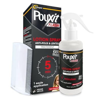 POUXIT - Flash - Lotion spray anti-poux et lentes - 100% Efficace - Agit en 1 application de 5 minutes seulement - Rinçage facilité - Traitement du cuir chevelu - 150 ml