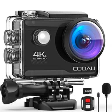 COOAU Action Cam HD 4K 20 MP WiFi avec 64 Go Carte Microphone Externe Caméra sous l'eau 40 M avec télécommande Actioncamera étanche 170 ° Grand Angle Time Lapse/2 Batteries 1200 mAh/Accessoires