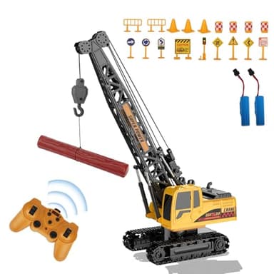 QiquBox Grue Telecommandée Enfant, Jouets Gruejouet Enfant avec 20 Mini Panneau Signalisation Lumières et Sons Réalistes, Cadeaux d'anniversaire de Noël pour Garçons Filles