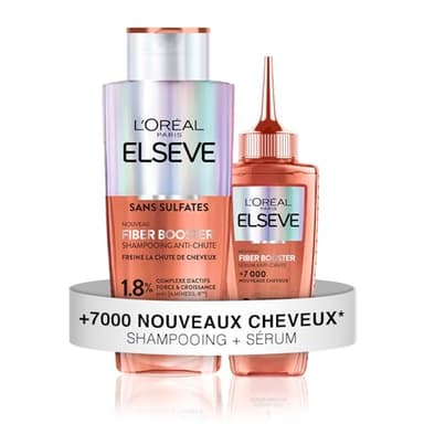 L’OREAL PARIS – Elseve Fiber Booster – Duo Anti-Chute Cheveux - Stimule la Pousse* – Augmente la Densité Capillaire – Hommes & Femmes - Shampooing Sans Sulfates + Sérum Croissance