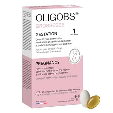 Oligobs Grossesse | Complément alimentaire femme enceinte | Vitamines, Fer, Iode, Acide Folique 400 µg, DHA Oméga 3 | Vitamines prénatales | 30 comprimés + 30 capsules | Fabriqué en France