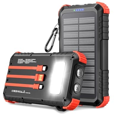 Batterie Externe Solaire 26800mAh, Power Bank PD15W USB C avec 3 Câbles, 5 Sorties 3 Entrées, Chargeur Solaire étanche avec Deux Lampes Torches et Mousqueton pour Le Camping