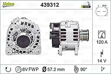 VALEO-439312-Alternateur-Courant de charge de l'alternateur [Amp] : 120 - Nombre de stries : 6 - Diamètre de la poulie [mm] : 57 - Voltage [V] : 14 - Sens de rotation : SENS HORLOGE