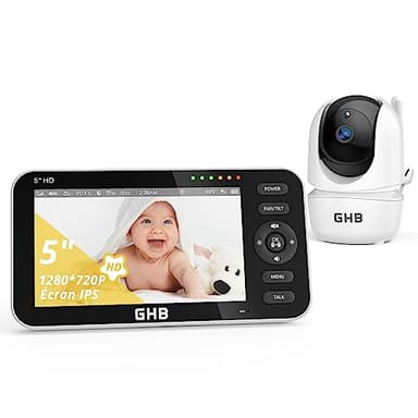 GHB Babyphone Camera Video 5" Camera Bebe 720P HD 4000mAh 350° Rotation Supporte 4 Caméras Capteur de Température VOX Vision Nocturne