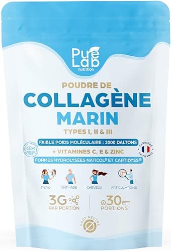 Collagène Marin (poudre) Types 1 2 3 + Vitamines C & E + Zinc, 30 portions, Peau & Articulations, Hydrolysé & Sans saveur, Peptides en Poudre, Fabriqué en France