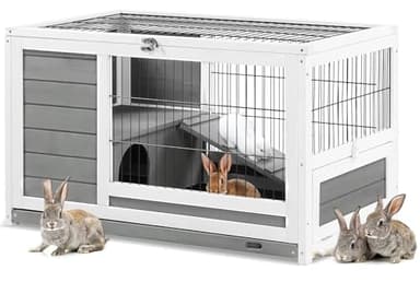 YODOLLA Cage Lapins en Bois Intérieur, Clapier à Lapin, Porte Verrouillable Toit, Plateau en Plastique Amovible, Grillage métallique, 90 x 50 x 55 cm, Gris
