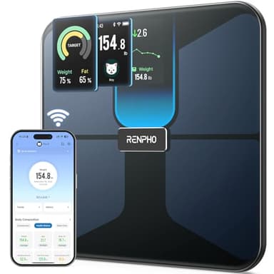 RENPHO Balance avec 18 lectures IMC, Masse Grasse, Masse Musculaire, Balance Intelligente pour le Poids Corporel, Balance de Composition Corporelle Wi-Fi & Bluetooth, Rechargeable, Elis Evo