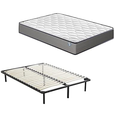 DEWINNER Ensemble Composè:Matelas a Memoire de Forme en Mousse et Ressorts 140x190x20 cm Épaisseur Matelas+Sommier à Lattes sur Pieds-7 Pieds Inclus