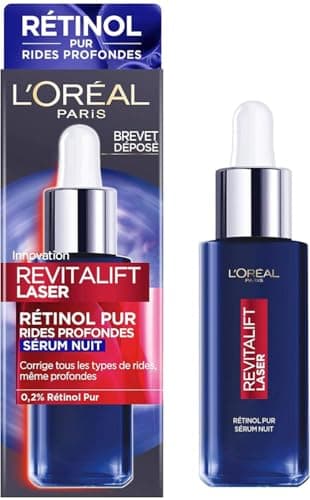 L'Oréal Paris - Sérum de Nuit Rétinol Anti-Rides - Soin Visage Anti-Âge Spécial Rides Profondes - Peau Raffermie & Souple - Tous Types de Peaux - Revitalift Laser - 30 ml