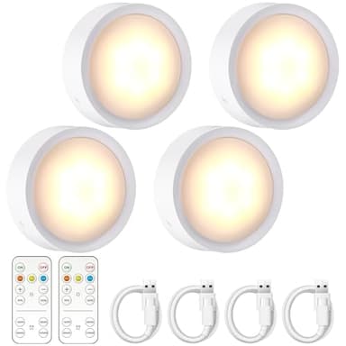 JOFLVA Spot LED Rechargeable USB 4 pcs, Veilleuse Cuisine Sans Fil Escalier Placard,3 Couleurs Dimmable,5 Niveaux de Luminosité, avec Télécommandes,Magnétique,Minuterie (avec Autocollant en Métal)