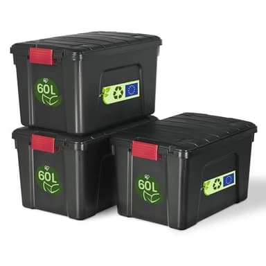 Iris Ohyama, Lot de 3 boîtes de rangement, Boite de rangement, Boite plastique, , 60 L, Clips de fermeture, Empilable, Garage, jardin - Store it All Box SIA-60 - Noir