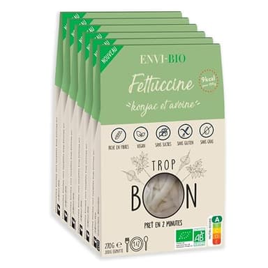 ENVI Bio - Fettucine de Konjac Bio- Pâtes sans gluten - Pâte Konjac & Farine d'Avoine Bio - Vegan, Gluten Free, Faible en calorie - Box de 6 paquets x 270g