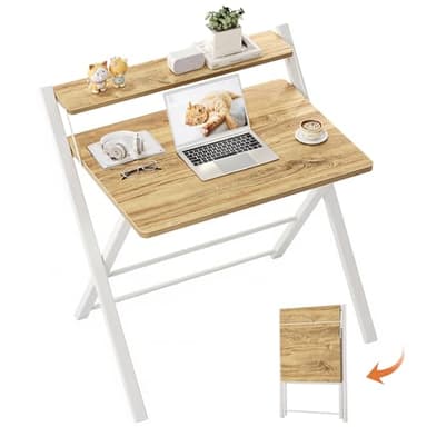 GreenForest Petit Bureau Pliant 70cm, Table Pliable Gaming avec à 2 Niveaux Rangement, Mini Bureau d'Ordinateur PC Portable pour Petit Espace, Bureau à Écriture pour Poste de Travail,Beige