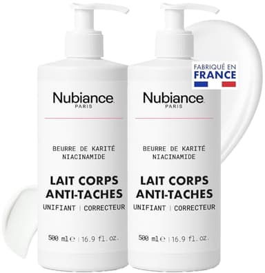 NUBIANCE - Lait Corps Éclaircissant et Réparateur, Anti-Taches et Hydratation Intense - Combat l’Hyperpigmentation, Peaux Mixtes à Sèches, Pour un Teint Uniforme et Lumineux, 2x500ml