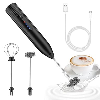 Mousseur à lait électrique USB Rechargeable, 3 Vitesses Petit Mixeur avec 2 têtes Mini Fouet Matcha, Café et Lait, Portable Batteur Electrique Cuisine, Acier Inoxydable Milk Frother Mélangeur Biberon