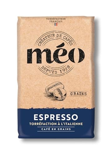 Cafés Méo en Grains Espresso - Torréfaction à l'Italienne - en Pack de 6 sachets de 1 KG - Niveau de torréfaction foncé