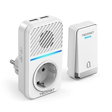 TECKNET Sonnette sans Fil, 400M Sonnette de Porte sans Fil Auto-alimentée, IP65 Étanche Carillon Electronique, Kit de Carillon avec Prises USB Externe et Lumière LED, 60 Mélodies, 5 Niveaux Volumes