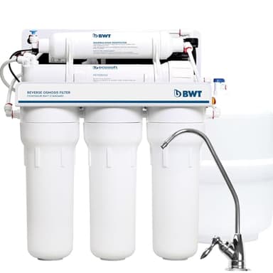 BWT Standard Osmose Inverse Domestique 75 GPD Avec Pompe – Débit de 11,8 L-h - Réservoir de 12 L - 5 étapes avec minéralisation - Taux de récupération de 10-20 purcent - Pression d'entrée de 2-5 bar