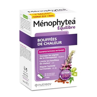NUTREOV - Ménophytea Équilibre, Bouffées de Chaleur - Sueurs Nocturnes, Ménopause - Action 24h - Complément Alimentaire à Base d’Actifs d’Origine Végétale - Fabrication Française - 120 Gélules